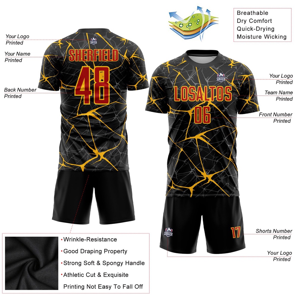 Black Red Gold Sublimation Soccer Uniform Jersey, Custom Team Soccer Jersey Shirt
