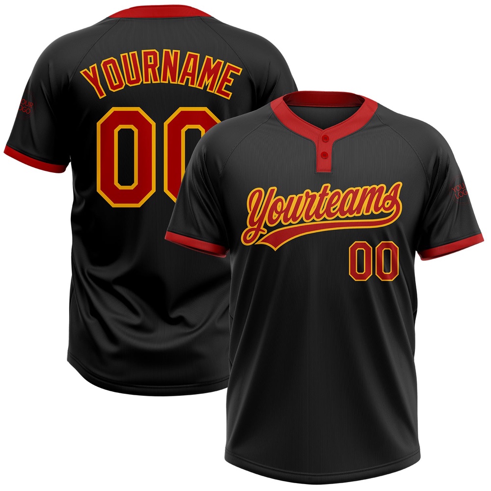 Black Red Gold Two Button Unisex Softball Jersey, Custom Team Softball Jersey Black Red Gold Two Button Unisex Softball Jersey, Custom Team Softball Jersey