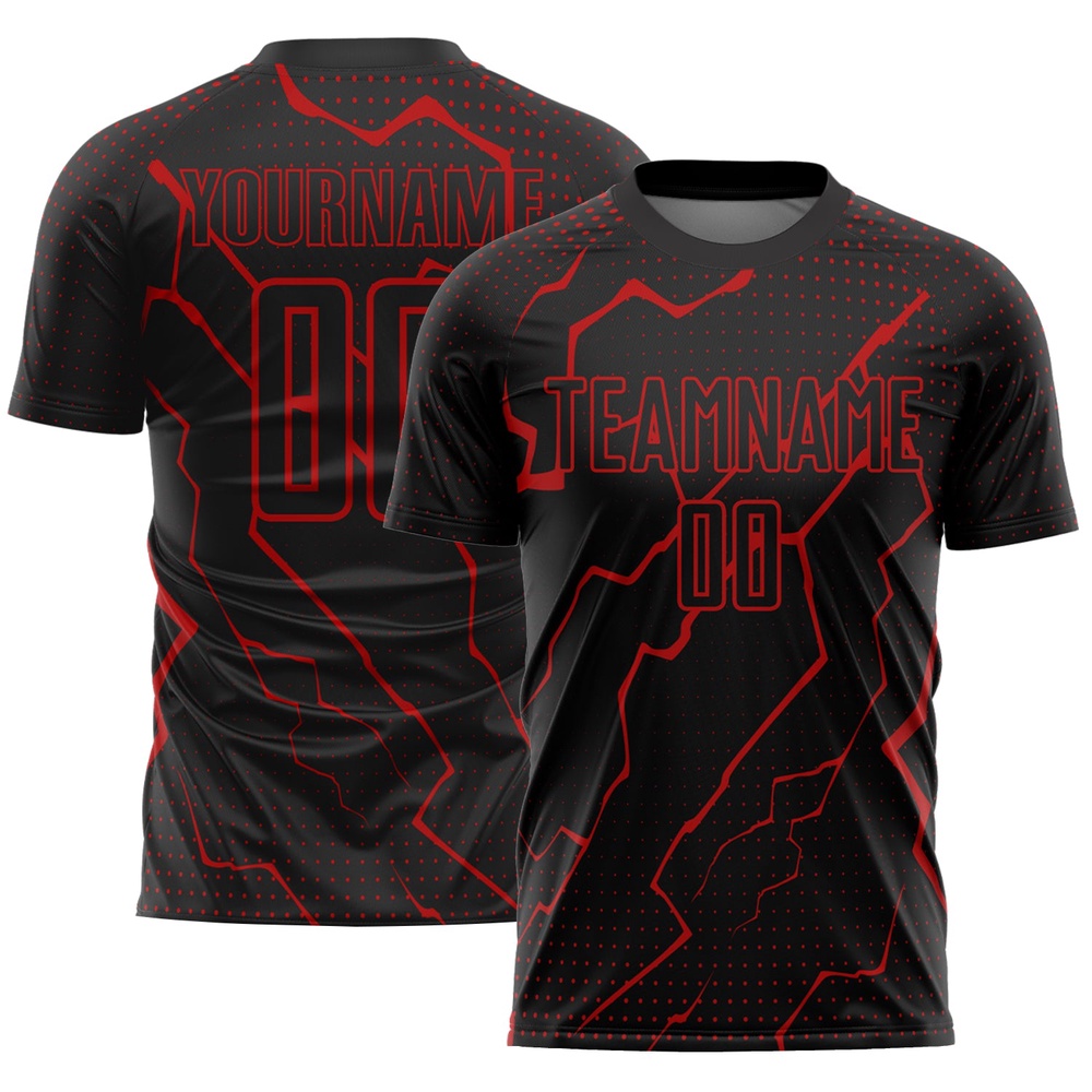 Black Red Lightning Sublimation Soccer Uniform Jersey, Custom Team Soccer Jersey Shirt