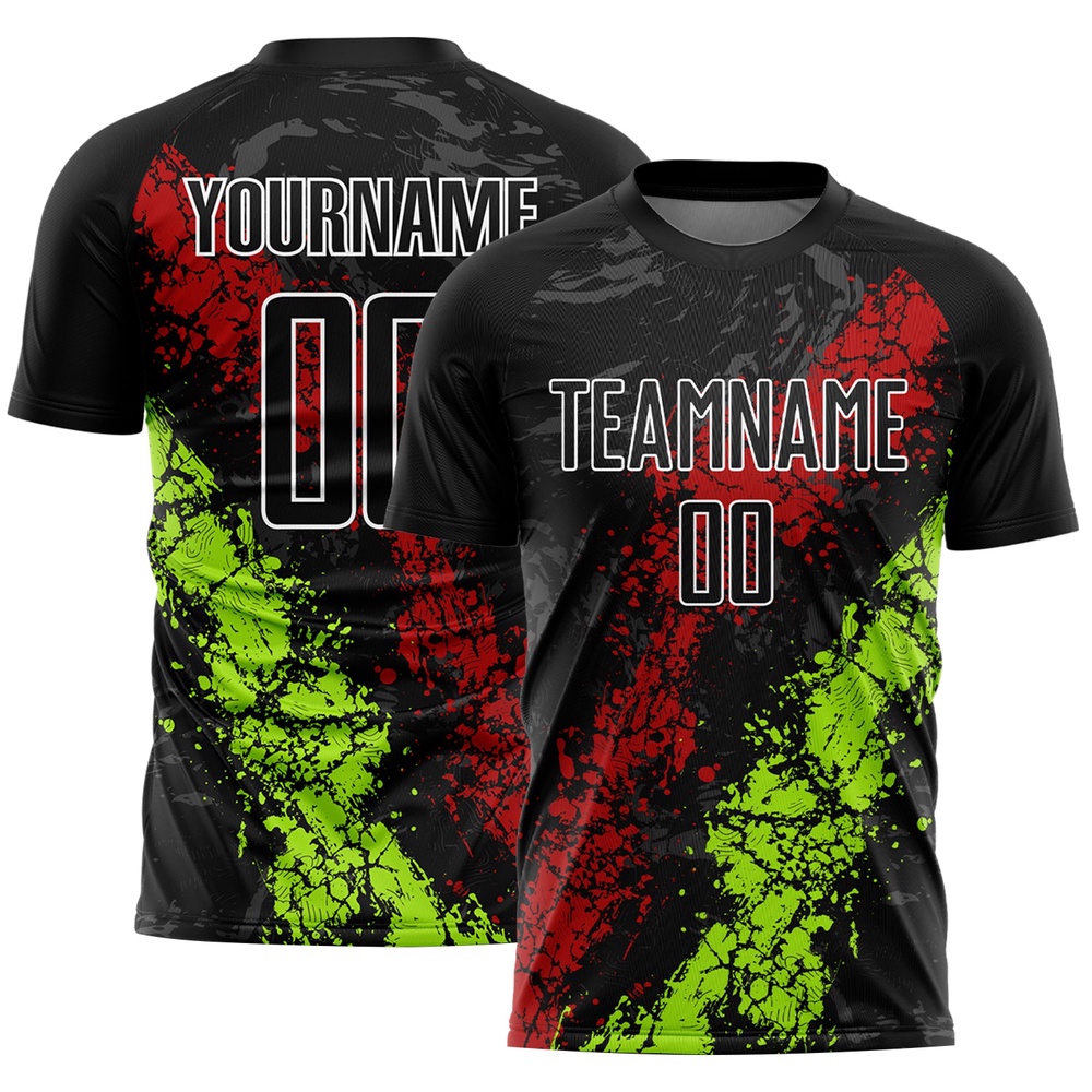 Black Red Neon Green Dripping Splatter Art Sublimation Soccer Uniform Jersey, Custom Team Soccer Jersey Shirt Black Red Neon Green Dripping Splatter Art Sublimation Soccer Uniform Jersey, Custom Team Soccer Jersey Shirt