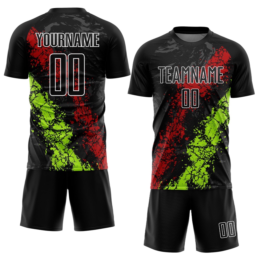 Black Red Neon Green Dripping Splatter Art Sublimation Soccer Uniform Jersey, Custom Team Soccer Jersey Shirt Black Red Neon Green Dripping Splatter Art Sublimation Soccer Uniform Jersey, Custom Team Soccer Jersey Shirt
