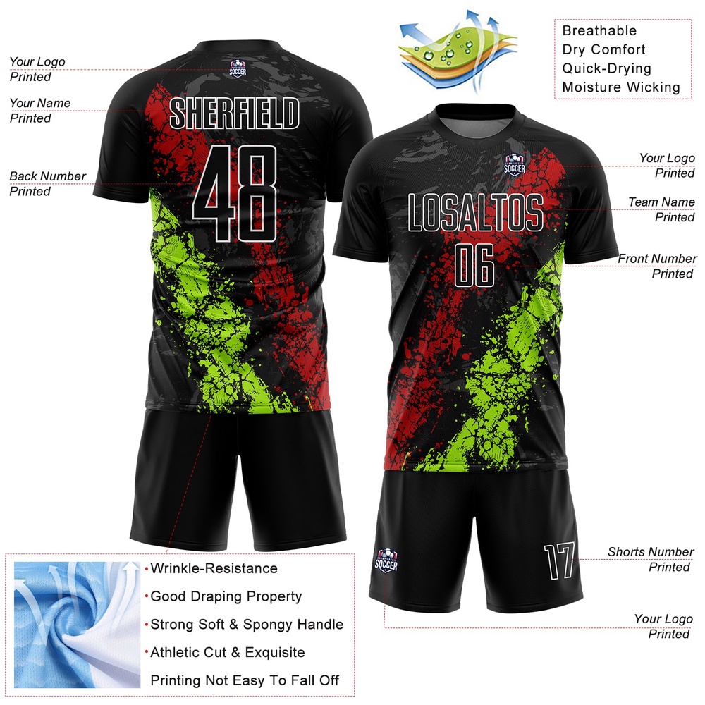 Black Red Neon Green Dripping Splatter Art Sublimation Soccer Uniform Jersey, Custom Team Soccer Jersey Shirt Black Red Neon Green Dripping Splatter Art Sublimation Soccer Uniform Jersey, Custom Team Soccer Jersey Shirt