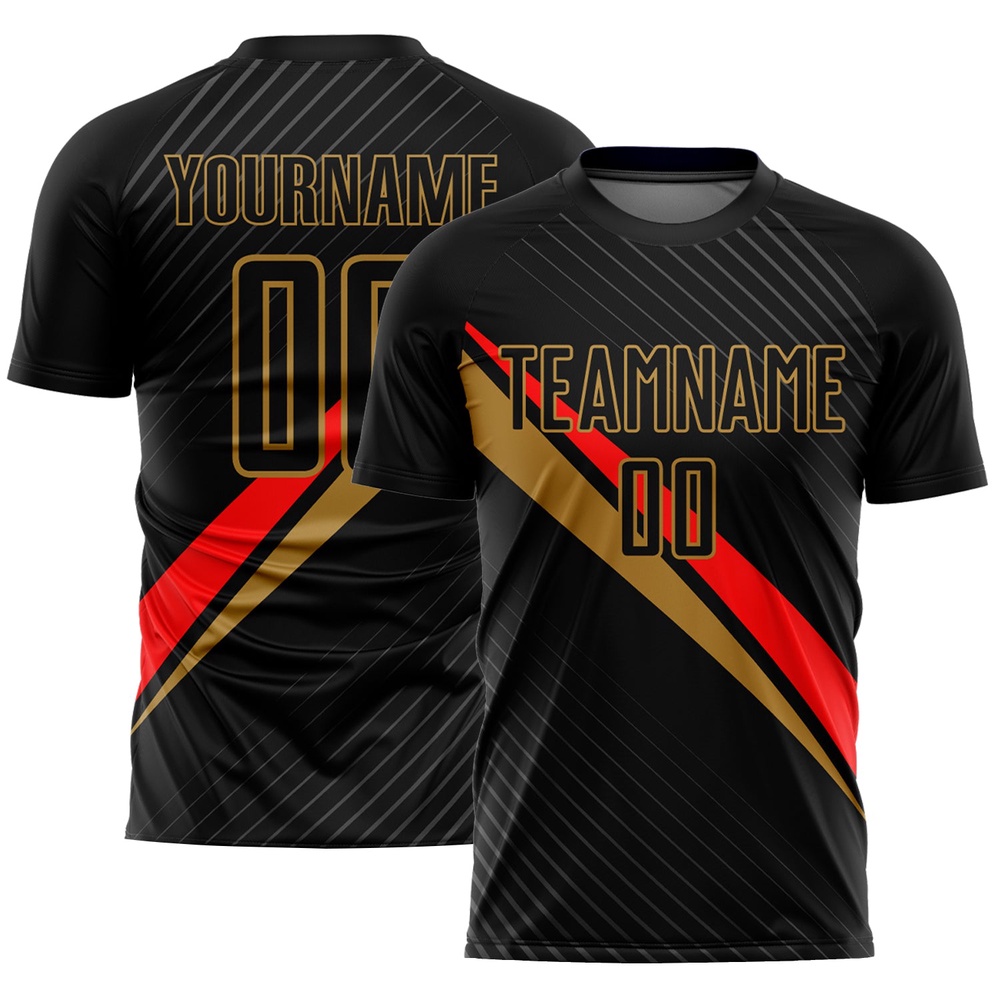Black Red Old Gold Diagonal Lines Sublimation Soccer Uniform Jersey, Custom Team Soccer Jersey Shirt