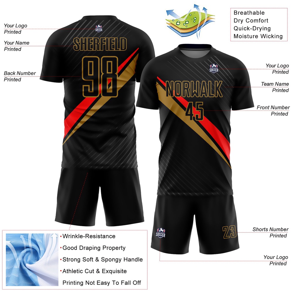 Black Red Old Gold Diagonal Lines Sublimation Soccer Uniform Jersey, Custom Team Soccer Jersey Shirt