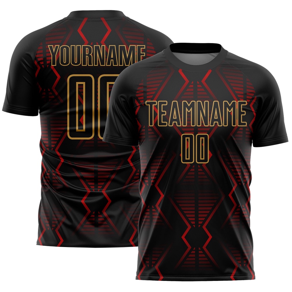 Black Red Old Gold Geometric Shapes Sublimation Soccer Uniform Jersey, Custom Team Soccer Jersey Shirt Black Red Old Gold Geometric Shapes Sublimation Soccer Uniform Jersey, Custom Team Soccer Jersey Shirt