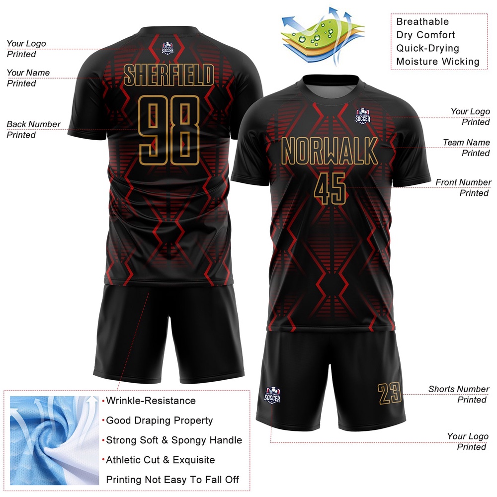 Black Red Old Gold Geometric Shapes Sublimation Soccer Uniform Jersey, Custom Team Soccer Jersey Shirt Black Red Old Gold Geometric Shapes Sublimation Soccer Uniform Jersey, Custom Team Soccer Jersey Shirt