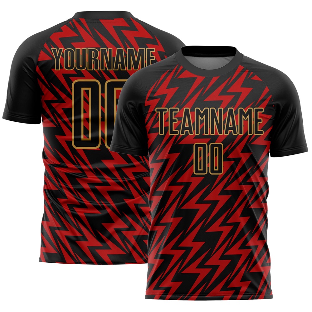 Black Red Old Gold Lightning Sublimation Soccer Uniform Jersey, Custom Team Soccer Jersey Shirt Black Red Old Gold Lightning Sublimation Soccer Uniform Jersey, Custom Team Soccer Jersey Shirt