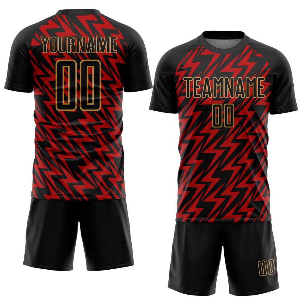 Black Red Old Gold Lightning Sublimation Soccer Uniform Jersey, Custom Team Soccer Jersey Shirt Black Red Old Gold Lightning Sublimation Soccer Uniform Jersey, Custom Team Soccer Jersey Shirt