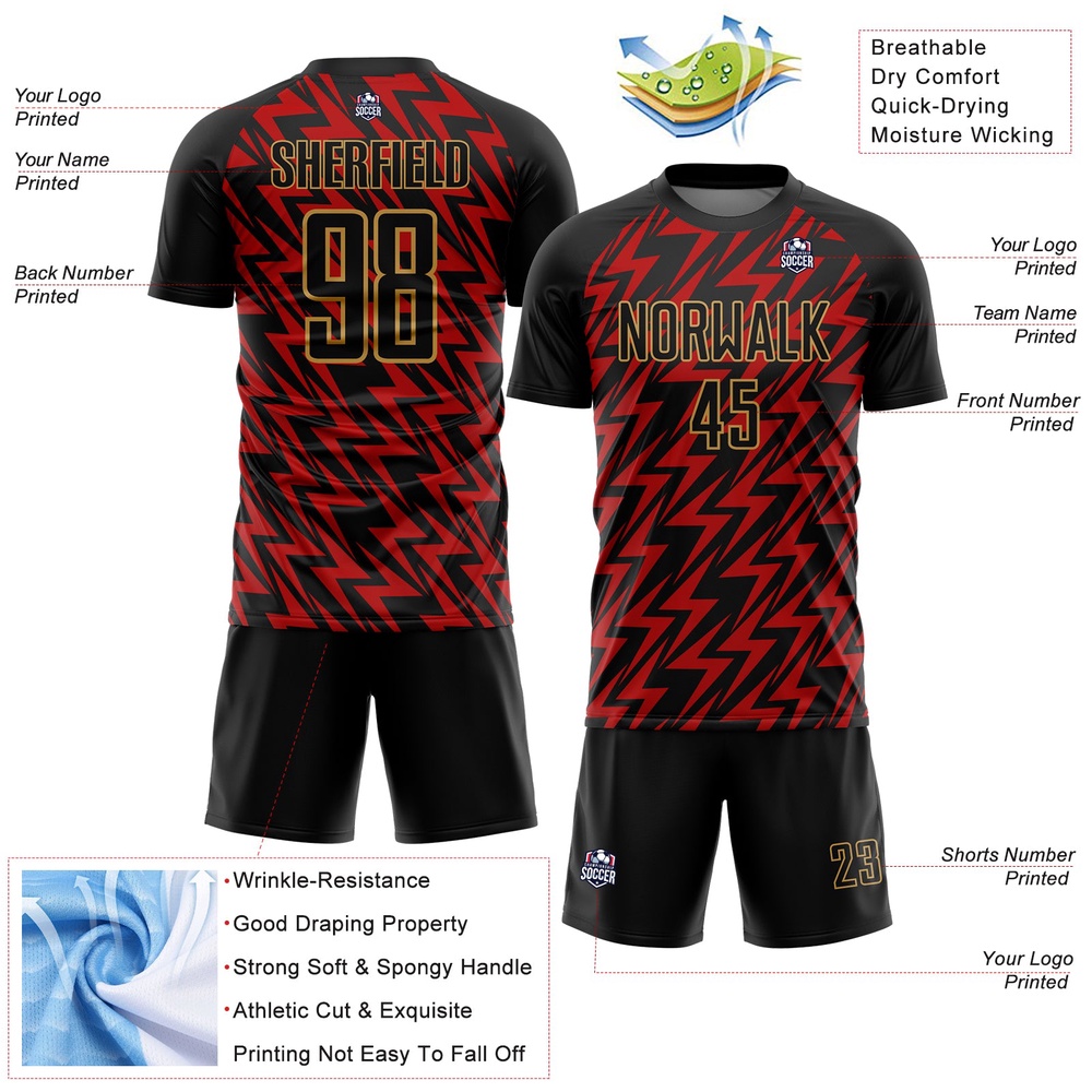 Black Red Old Gold Lightning Sublimation Soccer Uniform Jersey, Custom Team Soccer Jersey Shirt Black Red Old Gold Lightning Sublimation Soccer Uniform Jersey, Custom Team Soccer Jersey Shirt