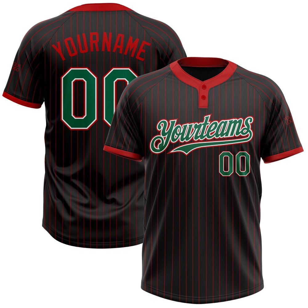 Black Red Pinstripe Kelly Green White Two Button Unisex Softball Jersey, Custom Team Softball Jersey Black Red Pinstripe Kelly Green White Two Button Unisex Softball Jersey, Custom Team Softball Jersey
