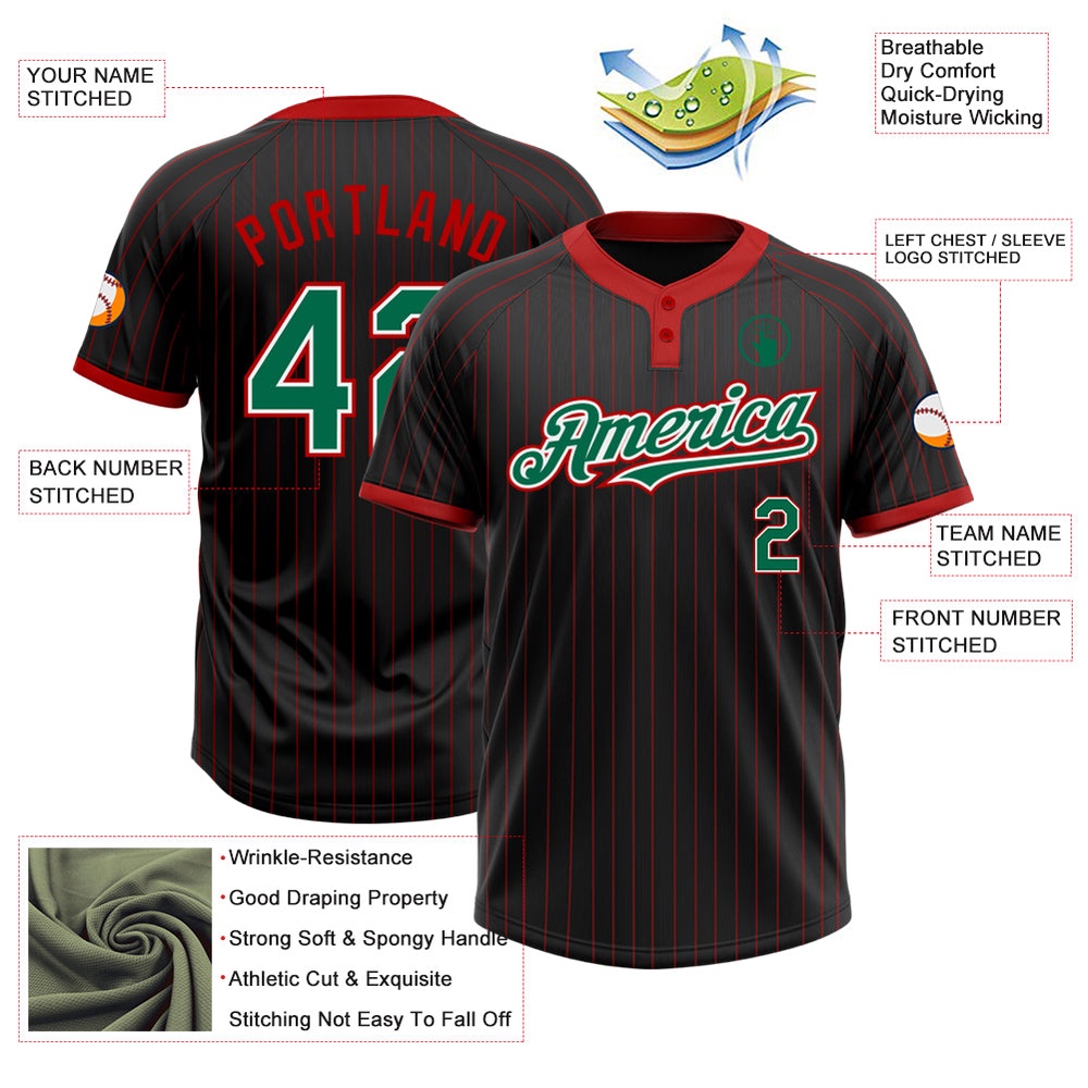Black Red Pinstripe Kelly Green White Two Button Unisex Softball Jersey, Custom Team Softball Jersey Black Red Pinstripe Kelly Green White Two Button Unisex Softball Jersey, Custom Team Softball Jersey