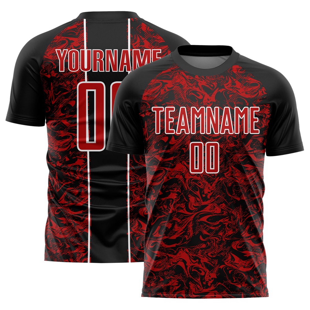 Black Red White Abstract Fluid Sublimation Soccer Uniform Jersey, Custom Team Soccer Jersey Shirt Black Red White Abstract Fluid Sublimation Soccer Uniform Jersey, Custom Team Soccer Jersey Shirt
