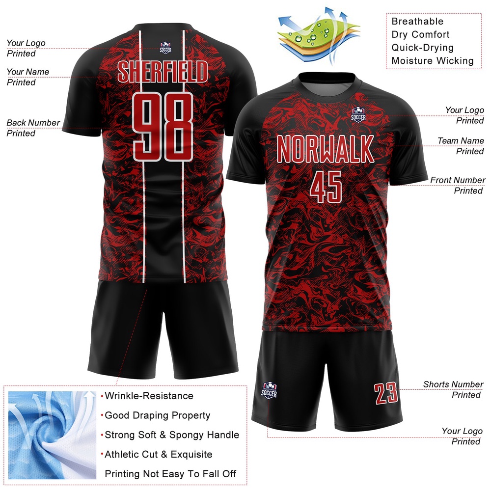 Black Red White Abstract Fluid Sublimation Soccer Uniform Jersey, Custom Team Soccer Jersey Shirt Black Red White Abstract Fluid Sublimation Soccer Uniform Jersey, Custom Team Soccer Jersey Shirt