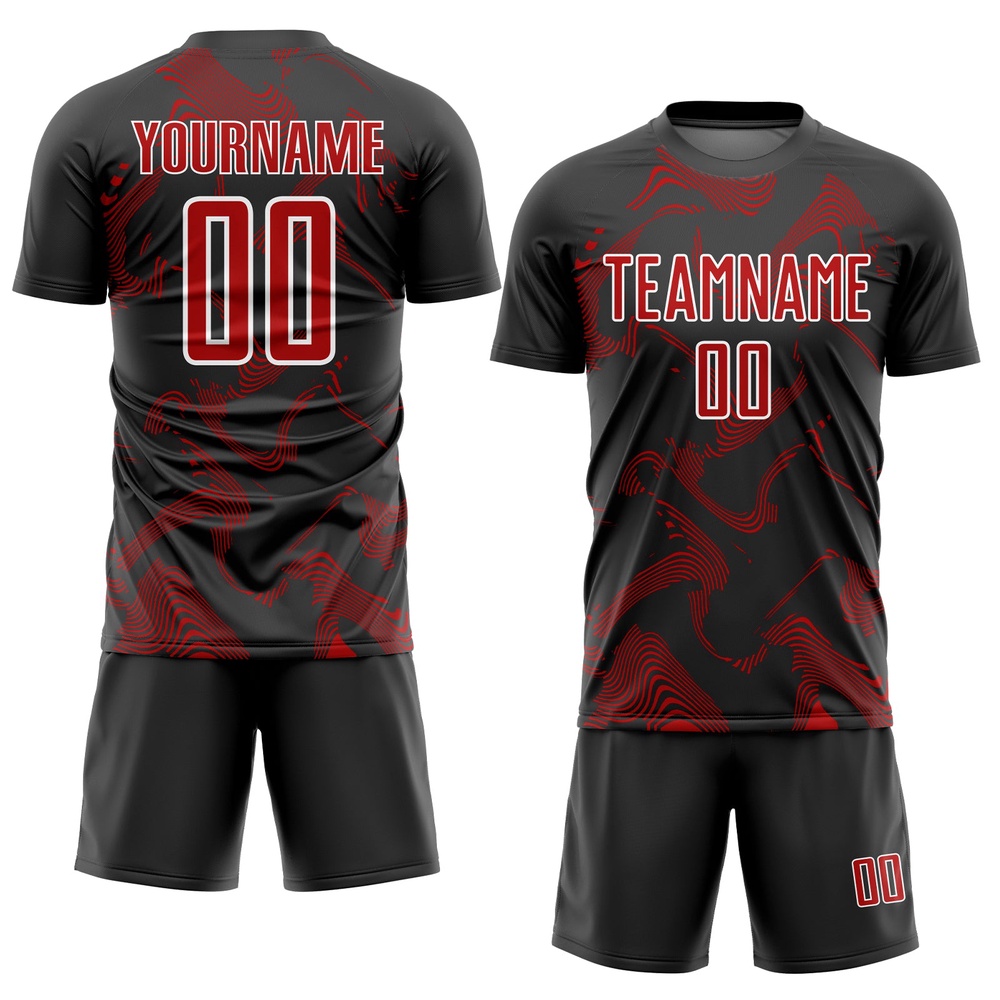 Black Red White Curve Lines Sublimation Soccer Uniform Jersey, Custom Team Soccer Jersey Shirt Black Red White Curve Lines Sublimation Soccer Uniform Jersey, Custom Team Soccer Jersey Shirt