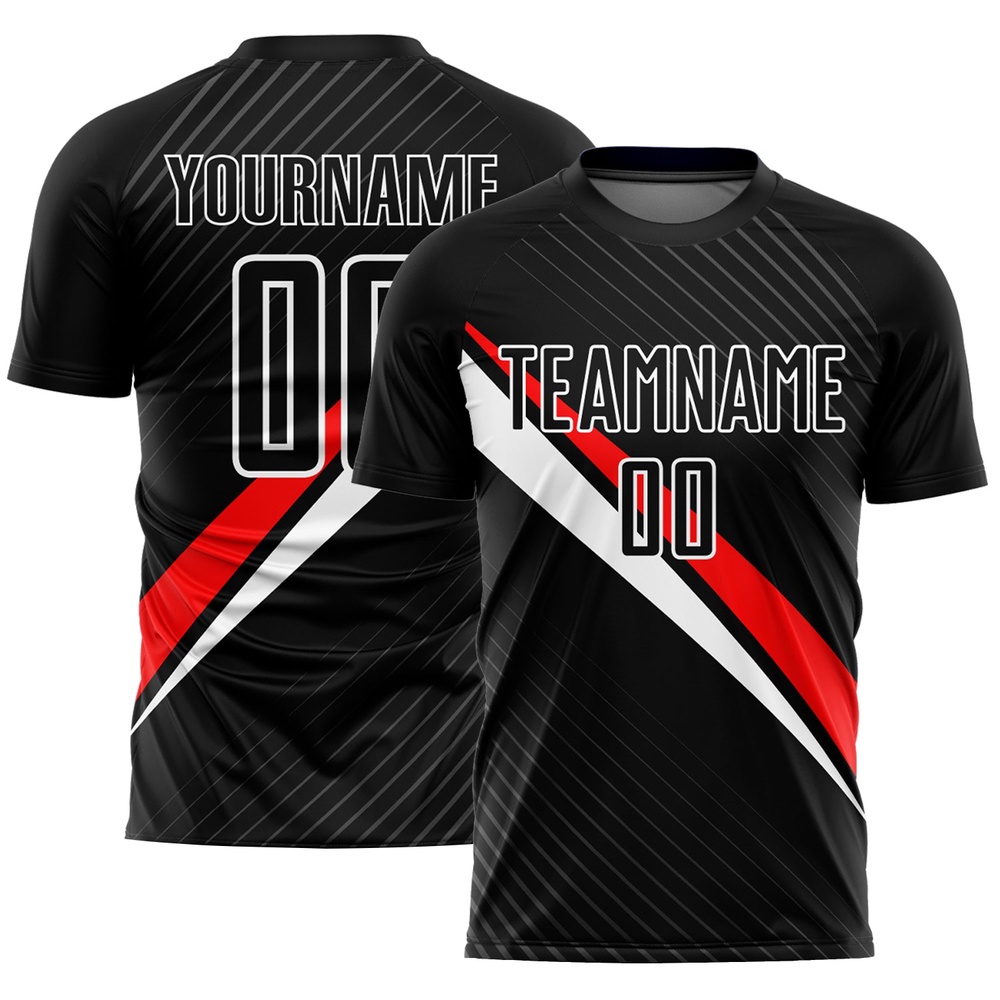 Black Red White Diagonal Lines Sublimation Soccer Uniform Jersey, Custom Team Soccer Jersey Shirt