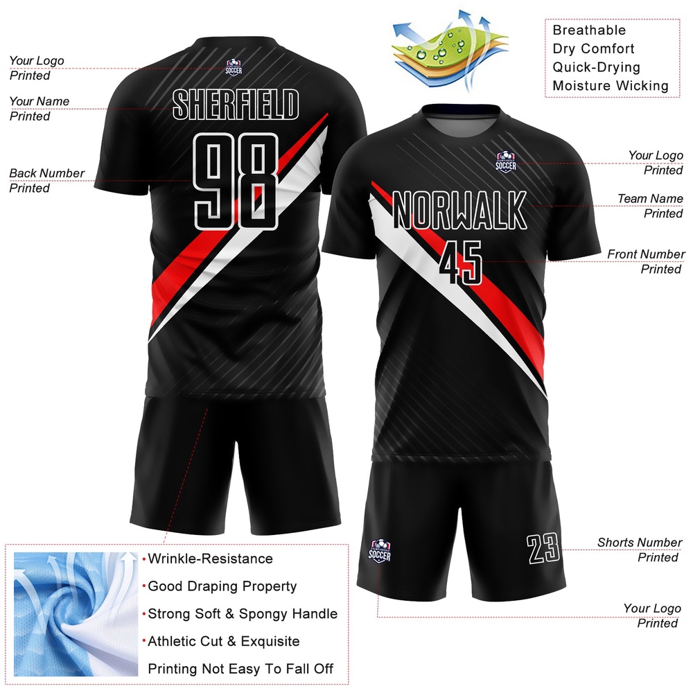 Black Red White Diagonal Lines Sublimation Soccer Uniform Jersey, Custom Team Soccer Jersey Shirt