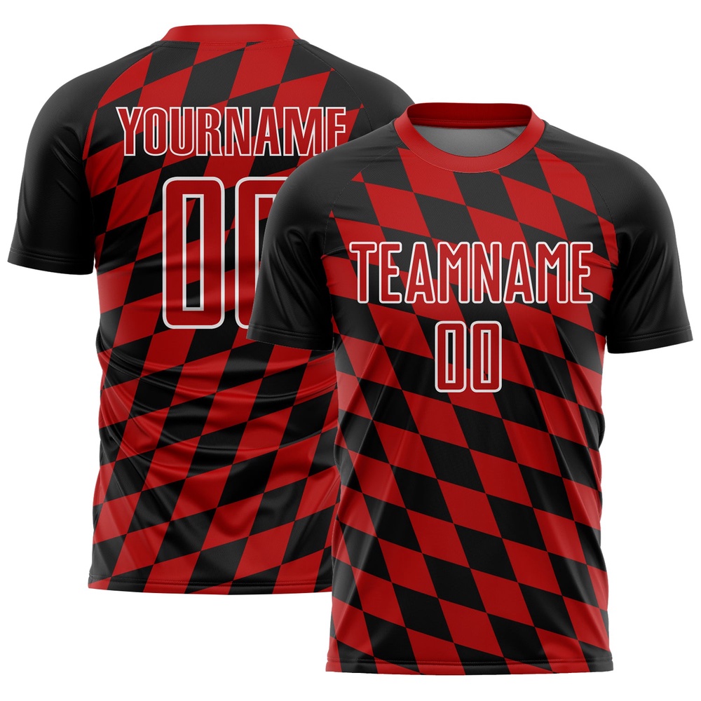 Black Red White Rhombus Print Sublimation Soccer Uniform Jersey, Custom Team Soccer Jersey Shirt
