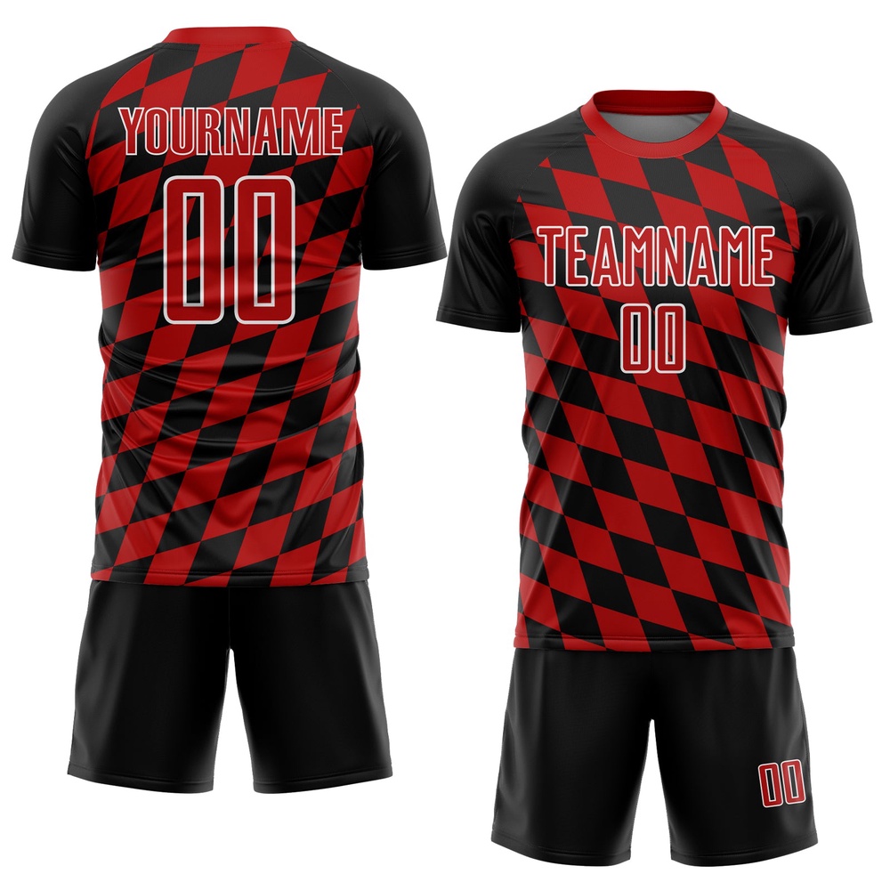 Black Red White Rhombus Print Sublimation Soccer Uniform Jersey, Custom Team Soccer Jersey Shirt