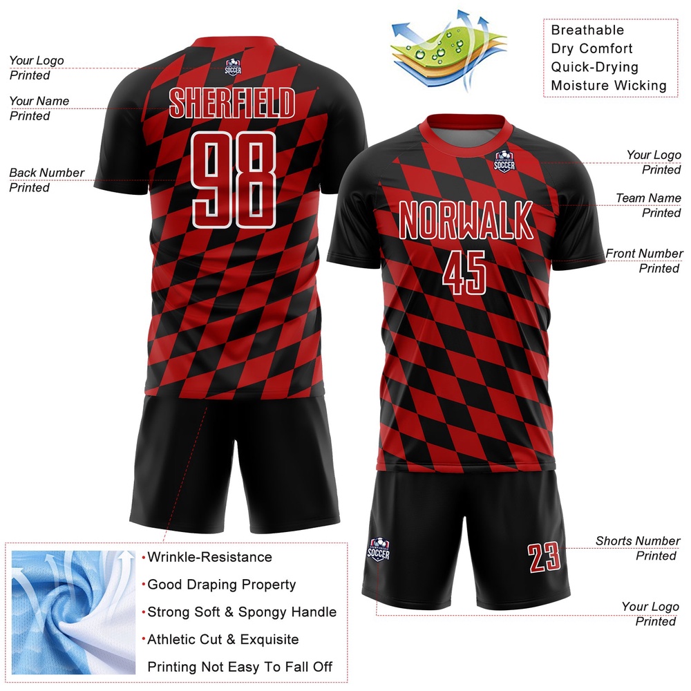 Black Red White Rhombus Print Sublimation Soccer Uniform Jersey, Custom Team Soccer Jersey Shirt