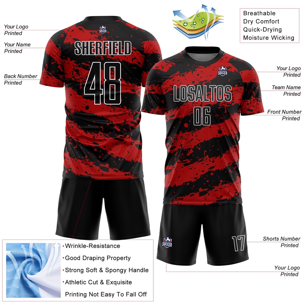 Black Red White Splash Sublimation Soccer Uniform Jersey, Custom Team Soccer Jersey Shirt