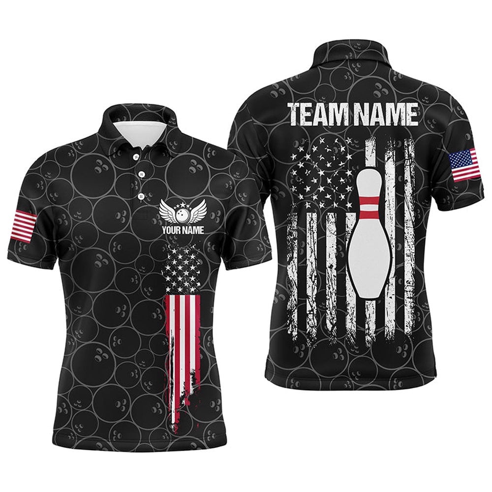 Black Retro Mens Bowling Polo Shirts Custom Vintage Camo American Flag Team Ladies Bowlers Polo Shirt, Personalized Bowling Team Shirt