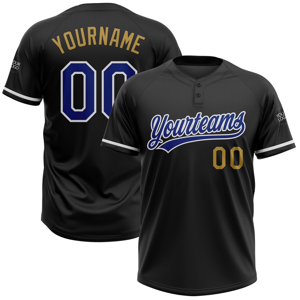 Black Royal Old Gold Two Button Unisex Softball Jersey, Custom Team Softball Jersey Black Royal Old Gold Two Button Unisex Softball Jersey, Custom Team Softball Jersey