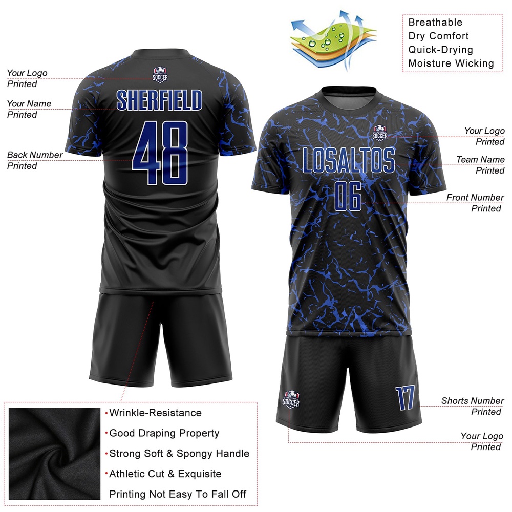 Black Royal White Sublimation Soccer Uniform Jersey, Custom Team Soccer Jersey Shirt