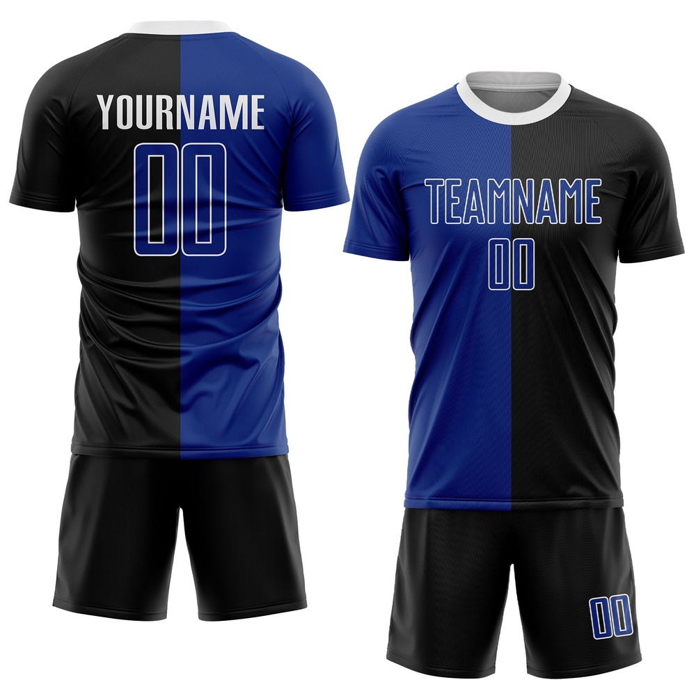 Black Royal White Sublimation Split Fashion Soccer Uniform Jersey, Custom Team Soccer Jersey Shirt Black Royal White Sublimation Split Fashion Soccer Uniform Jersey, Custom Team Soccer Jersey Shirt