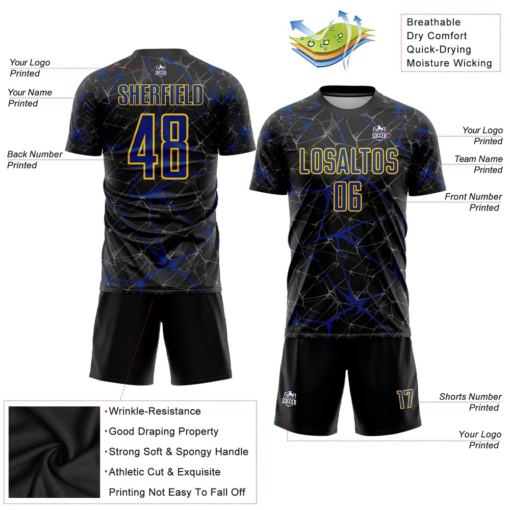 Black Royal Yellow Sublimation Soccer Uniform Jersey, Custom Team Soccer Jersey Shirt