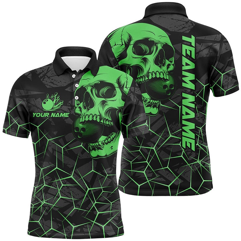 Black Skull Camo Bowling Shirt For Men Custom Bowling Team Polo Shirt, Gifts For Bowlers Green, Personalized Bowling Team Shirt