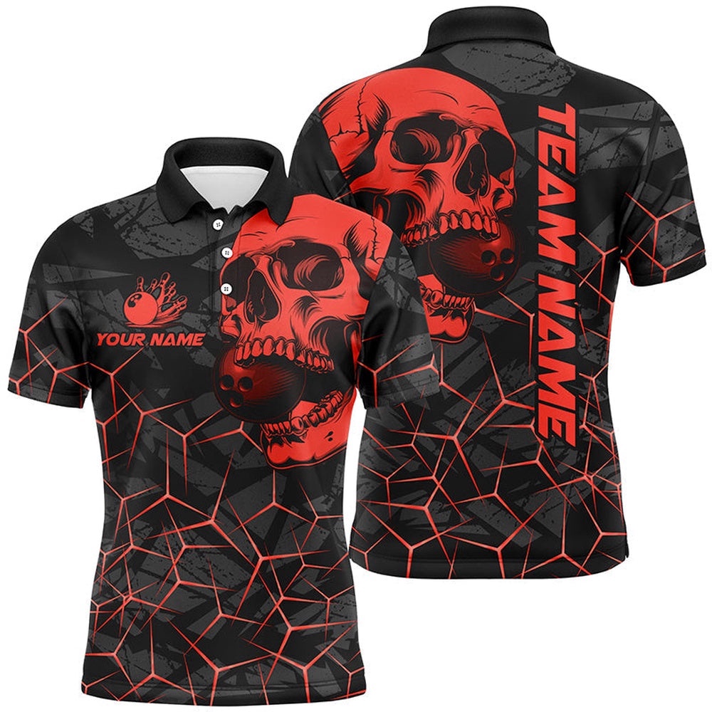 Black Skull Camo Bowling Shirt For Men Custom Bowling Team Polo Shirt, Gifts For Bowlers Red, Personalized Bowling Team Shirt