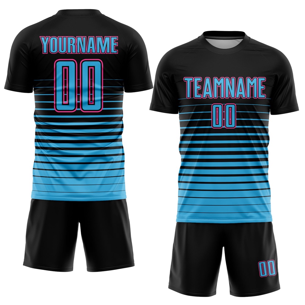 Black Sky Blue Pink Pinstripe Fade Fashion Sublimation Soccer Uniform Jersey, Custom Team Soccer Jersey Shirt