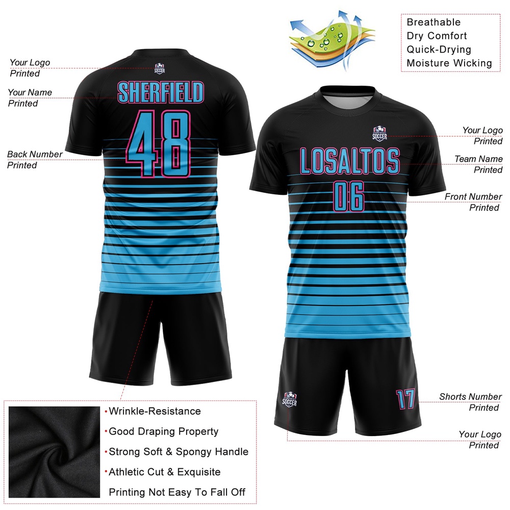 Black Sky Blue Pink Pinstripe Fade Fashion Sublimation Soccer Uniform Jersey, Custom Team Soccer Jersey Shirt