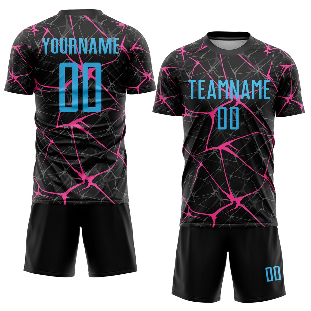 Black Sky Blue Pink Sublimation Soccer Uniform Jersey, Custom Team Soccer Jersey Shirt Black Sky Blue Pink Sublimation Soccer Uniform Jersey, Custom Team Soccer Jersey Shirt