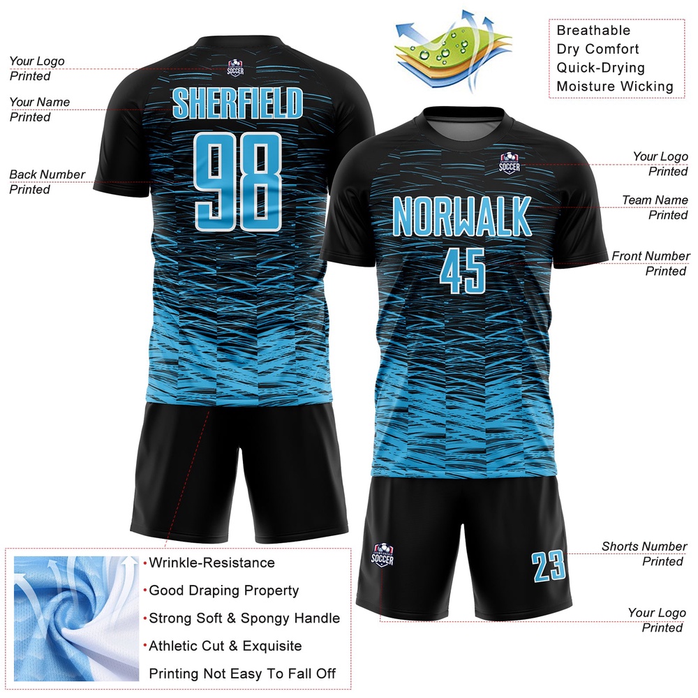 Black Sky Blue White Line Sublimation Soccer Uniform Jersey, Custom Team Soccer Jersey Shirt Black Sky Blue White Line Sublimation Soccer Uniform Jersey, Custom Team Soccer Jersey Shirt