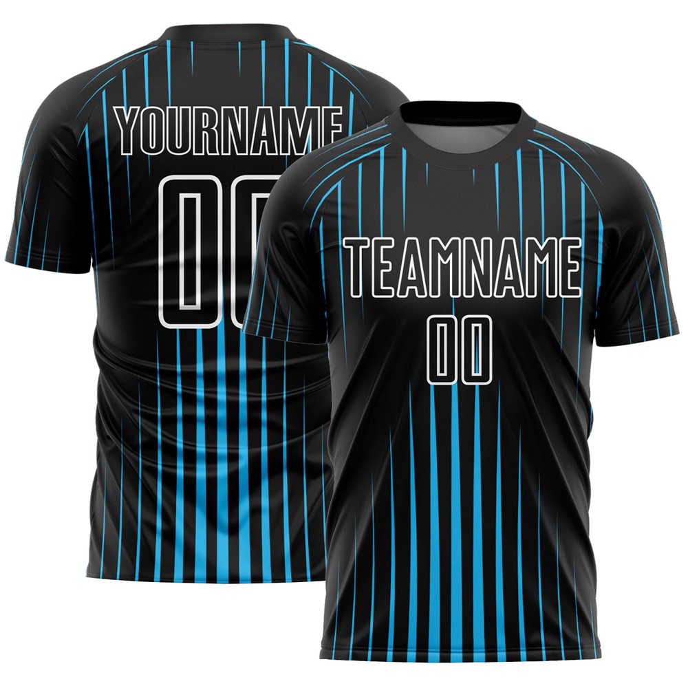 Black Sky Blue White Lines Sublimation Soccer Uniform Jersey, Custom Team Soccer Jersey Shirt