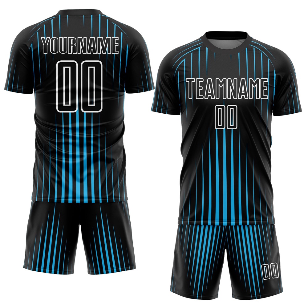 Black Sky Blue White Lines Sublimation Soccer Uniform Jersey, Custom Team Soccer Jersey Shirt