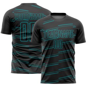 Black Teal Lines Sublimation Soccer Uniform Jersey,…