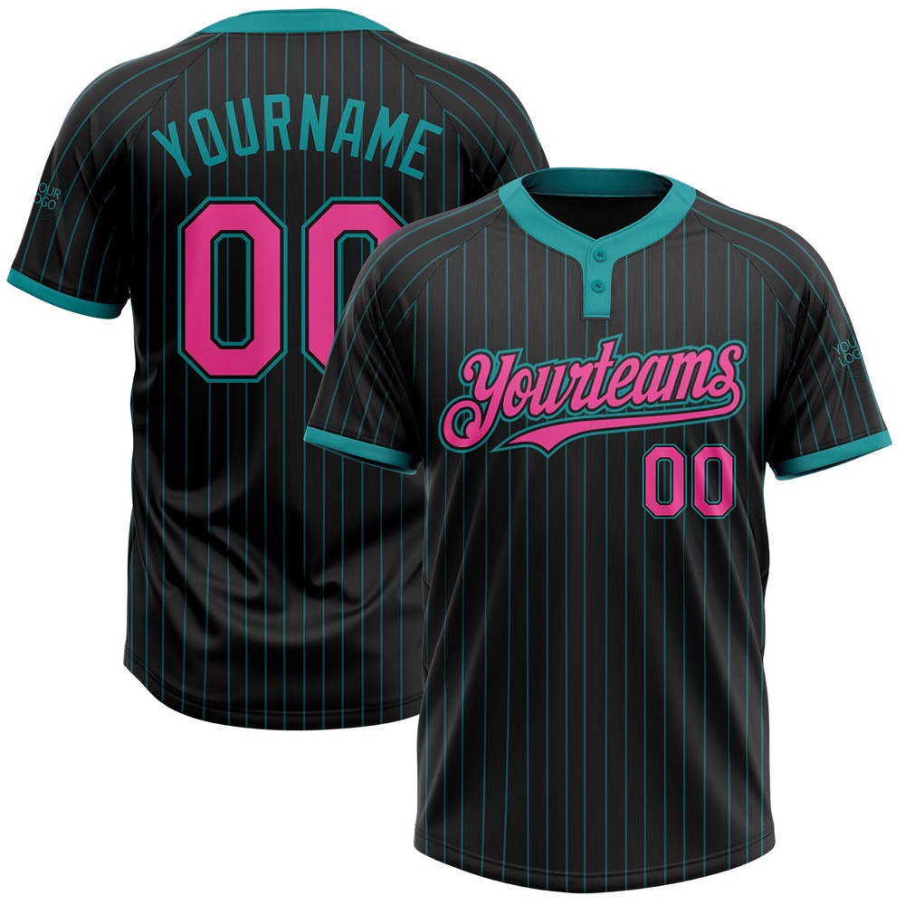 Black Teal Pinstripe Pink Two Button Unisex Softball Jersey, Custom Team Softball Jersey Black Teal Pinstripe Pink Two Button Unisex Softball Jersey, Custom Team Softball Jersey