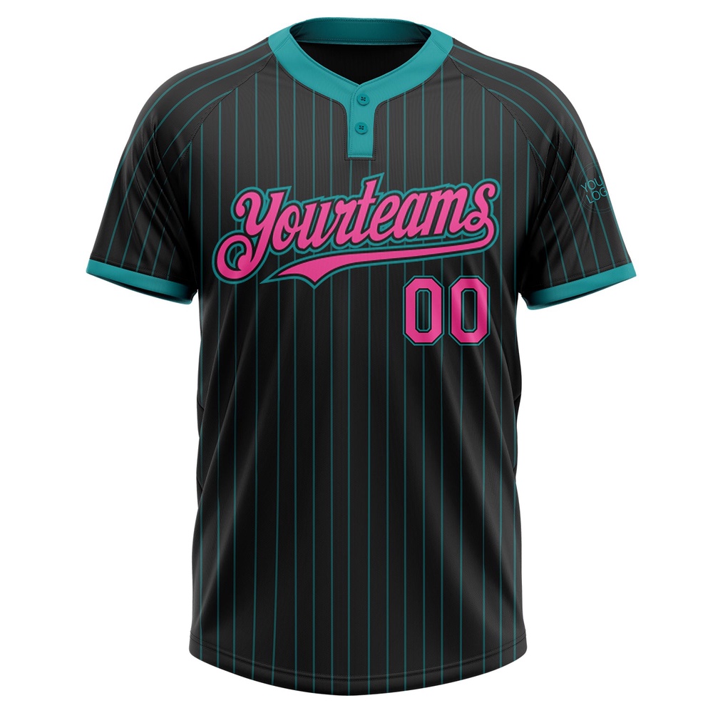 Black Teal Pinstripe Pink Two Button Unisex Softball Jersey, Custom Team Softball Jersey Black Teal Pinstripe Pink Two Button Unisex Softball Jersey, Custom Team Softball Jersey