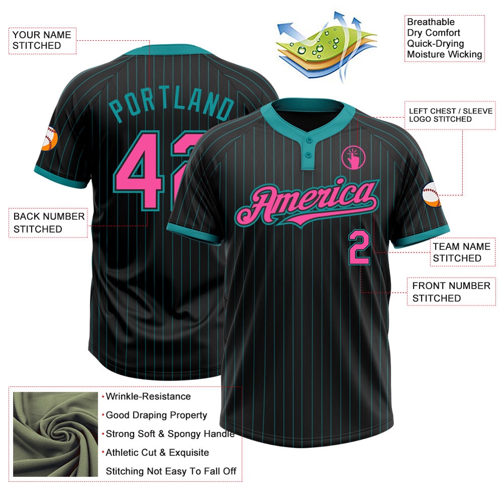 Black Teal Pinstripe Pink Two Button Unisex Softball Jersey, Custom Team Softball Jersey Black Teal Pinstripe Pink Two Button Unisex Softball Jersey, Custom Team Softball Jersey