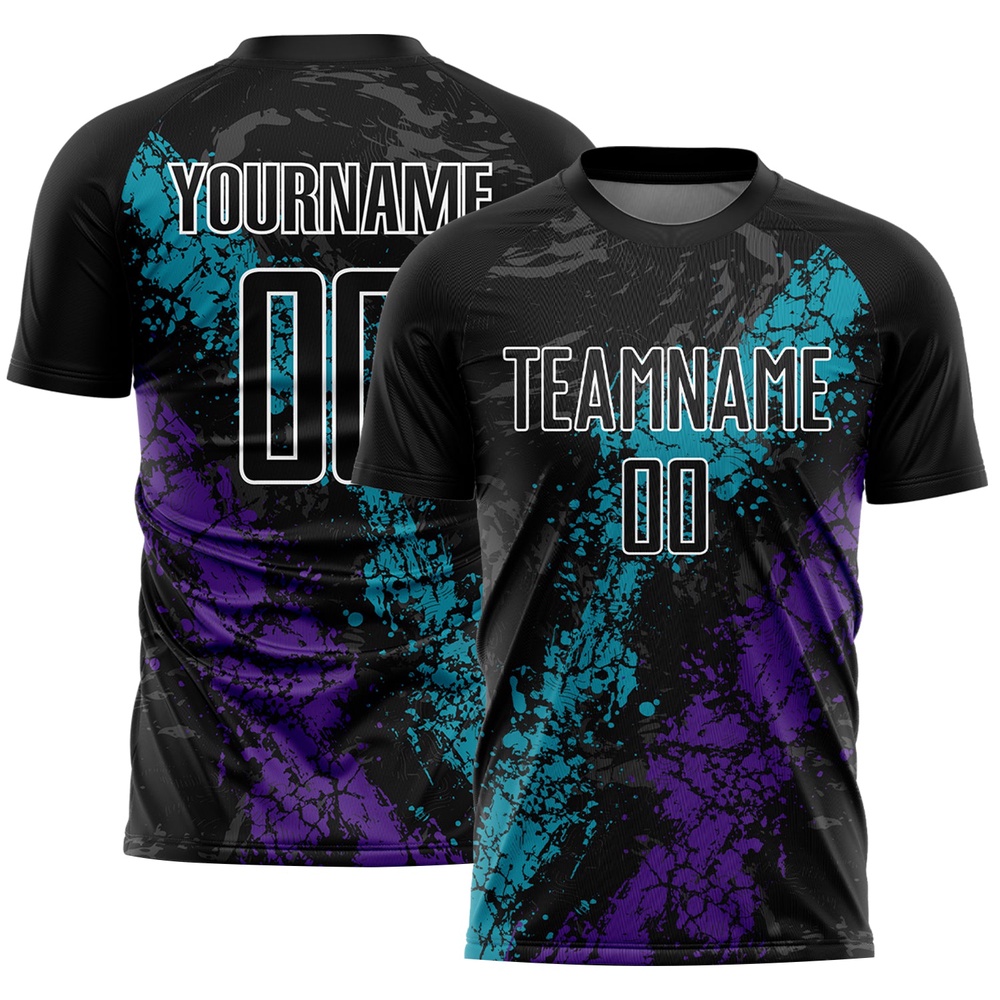 Black Teal Purple Dripping Splatter Art Sublimation Soccer Uniform Jersey, Custom Team Soccer Jersey Shirt