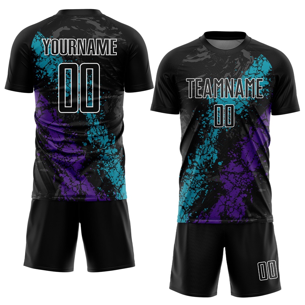 Black Teal Purple Dripping Splatter Art Sublimation Soccer Uniform Jersey, Custom Team Soccer Jersey Shirt