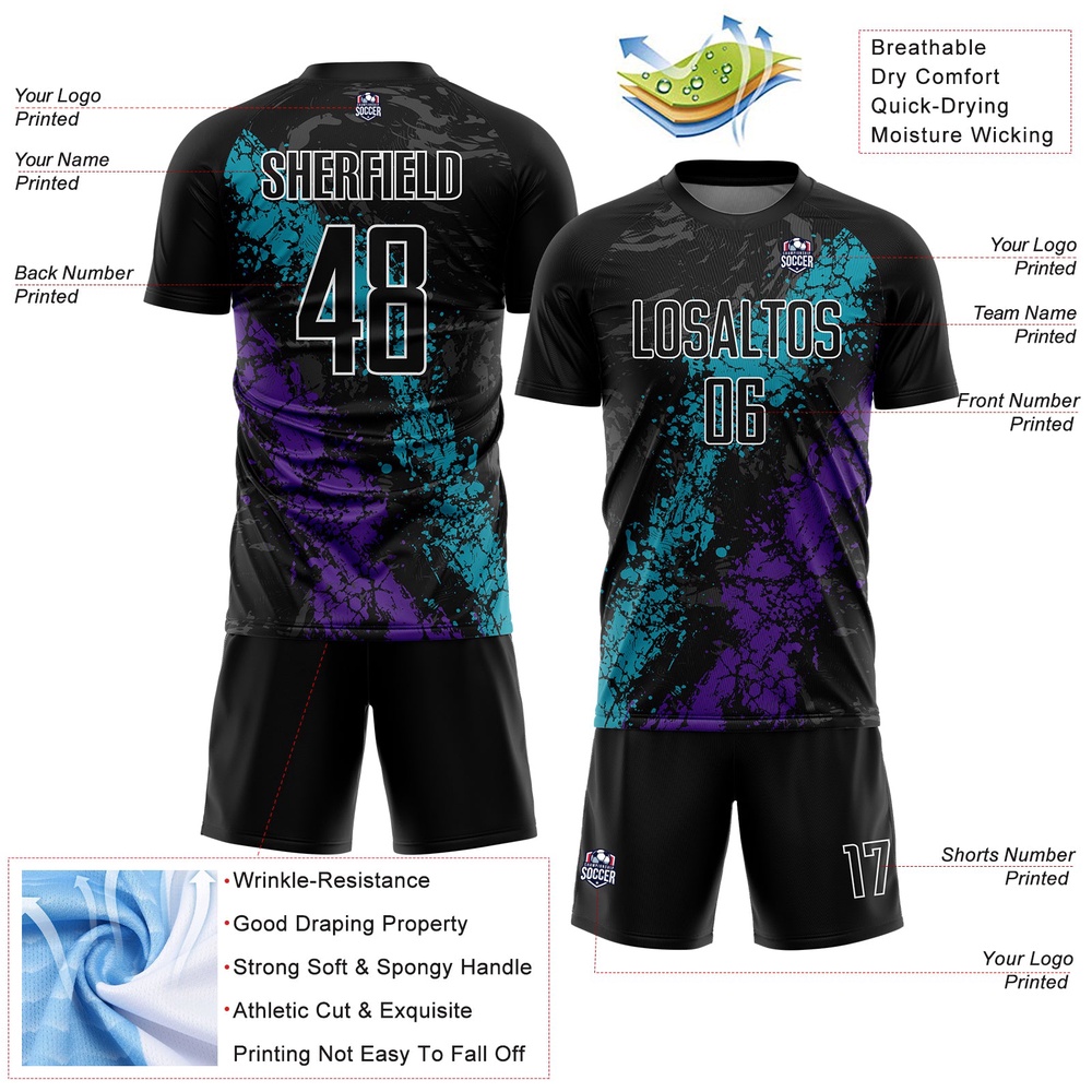 Black Teal Purple Dripping Splatter Art Sublimation Soccer Uniform Jersey, Custom Team Soccer Jersey Shirt