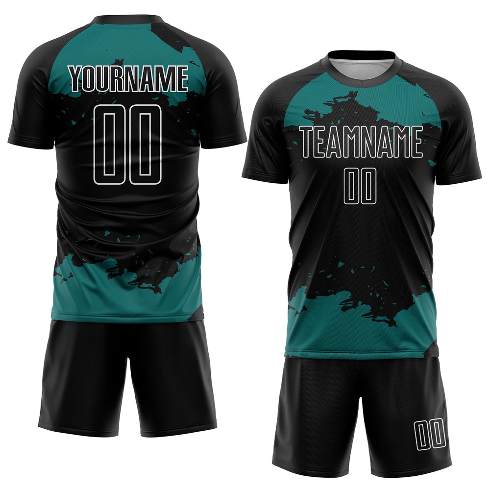 Black Teal White Abstract Fragment Art Sublimation Soccer Uniform Jersey, Custom Team Soccer Jersey Shirt