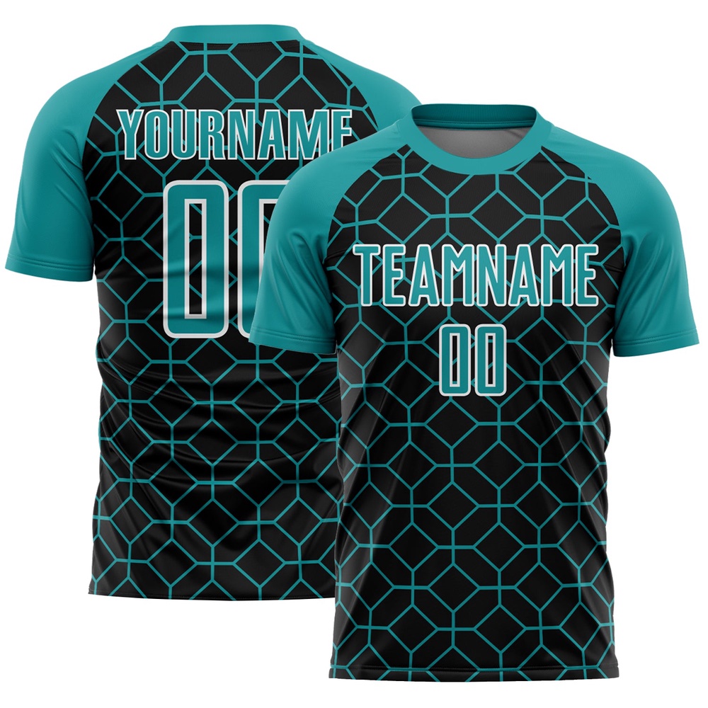 Black Teal White Geometric Shapes Sublimation Soccer Uniform Jersey, Custom Team Soccer Jersey Shirt