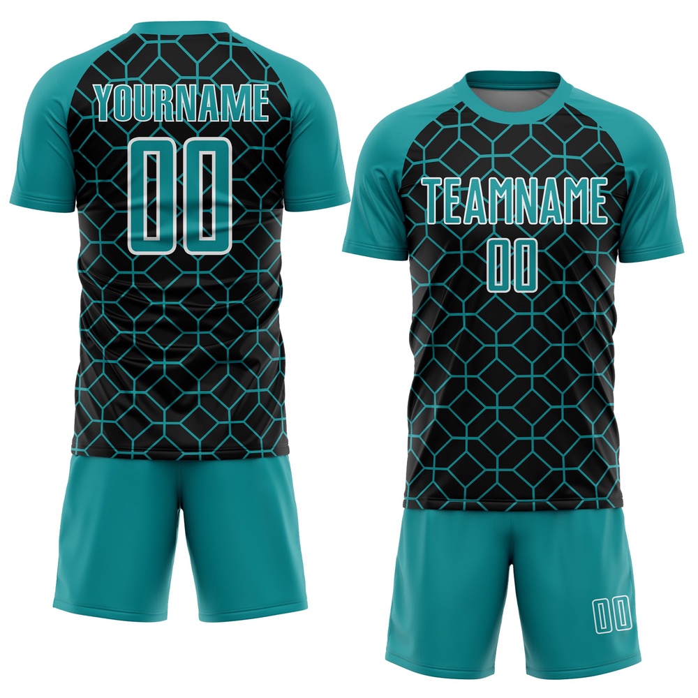 Black Teal White Geometric Shapes Sublimation Soccer Uniform Jersey, Custom Team Soccer Jersey Shirt