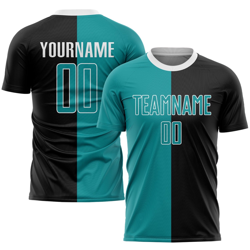 Black Teal White Sublimation Split Fashion Soccer Uniform Jersey, Custom Team Soccer Jersey Shirt Black Teal White Sublimation Split Fashion Soccer Uniform Jersey, Custom Team Soccer Jersey Shirt