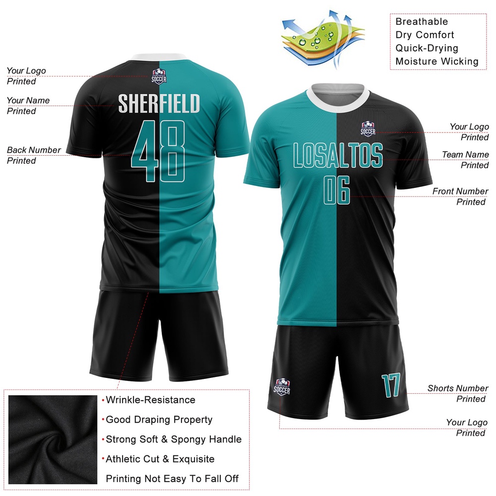 Black Teal White Sublimation Split Fashion Soccer Uniform Jersey, Custom Team Soccer Jersey Shirt Black Teal White Sublimation Split Fashion Soccer Uniform Jersey, Custom Team Soccer Jersey Shirt