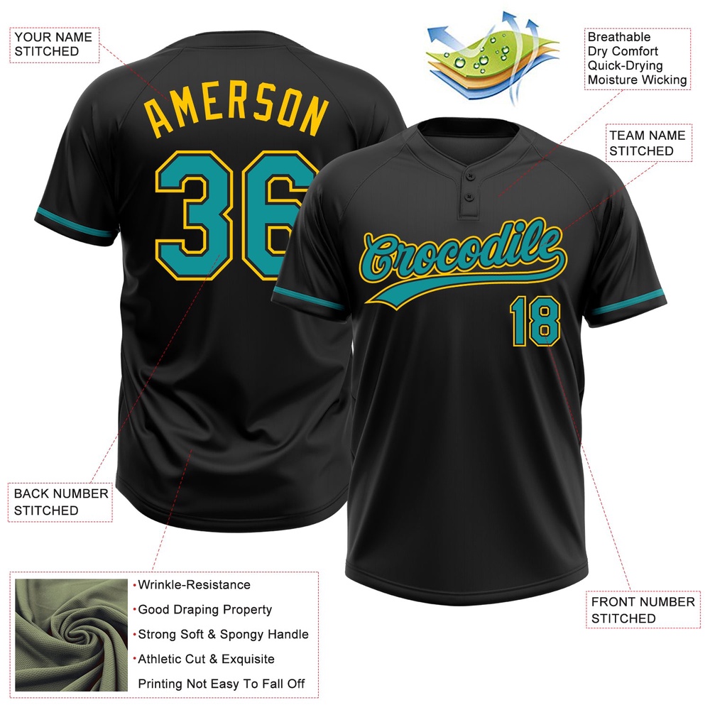 Black Teal Yellow Two Button Unisex Softball Jersey, Custom Team Softball Jersey Black Teal Yellow Two Button Unisex Softball Jersey, Custom Team Softball Jersey